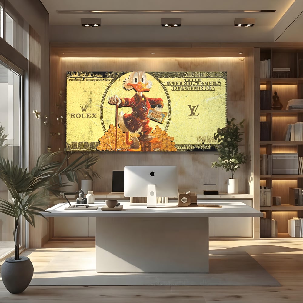 Tablou canvas cu tablou canvas cu personaj disney si bani, fara rama, pe sasiu de lemn, pe perete intr-un birou
